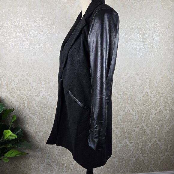 JeyKay Size XL Black Long Length Jacket Faux Leather Sleeves and Trim Pockets - Picture 5 of 11